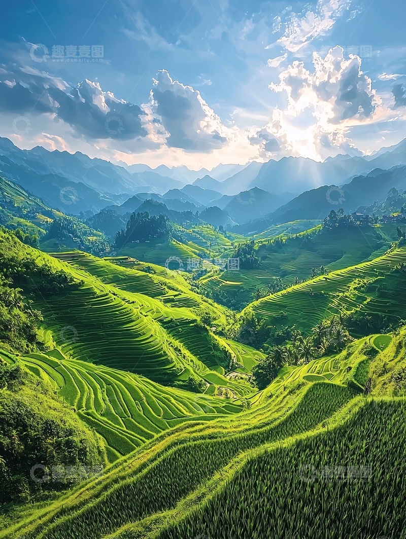 高清大图下载【趣麦麦图】翠绿梯田山谷风光