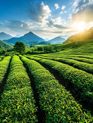 绿色茶园山景日出