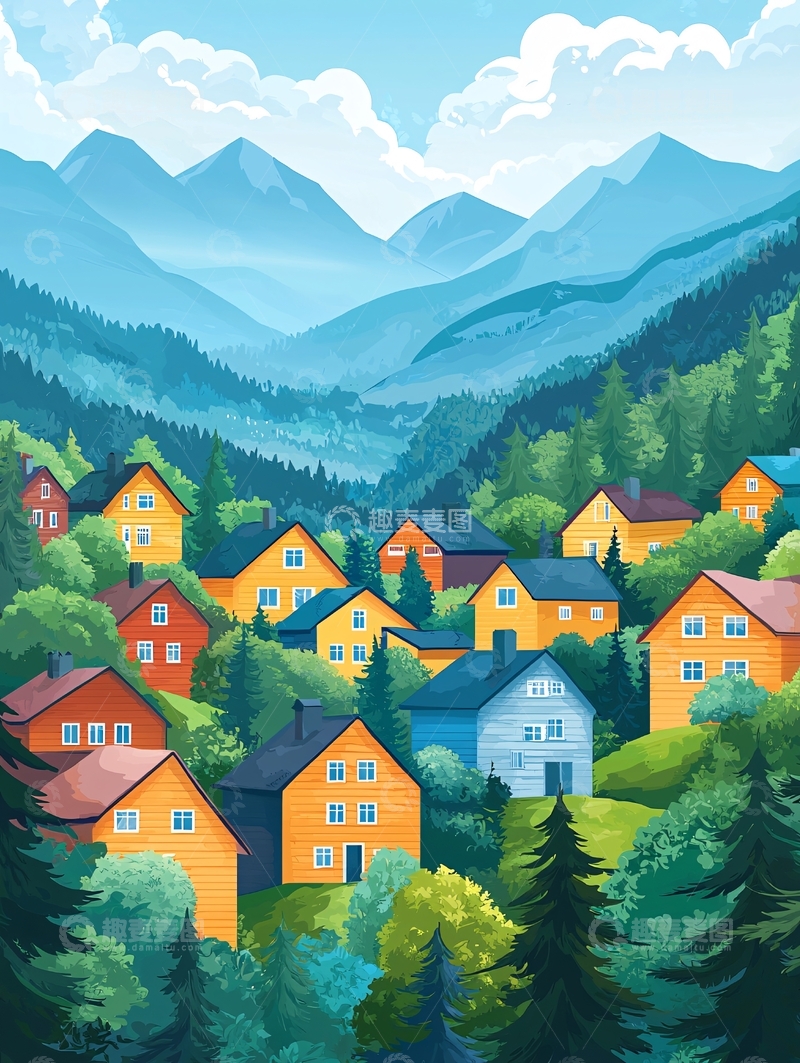 高清大图下载【趣麦麦图】山间小屋风景如画