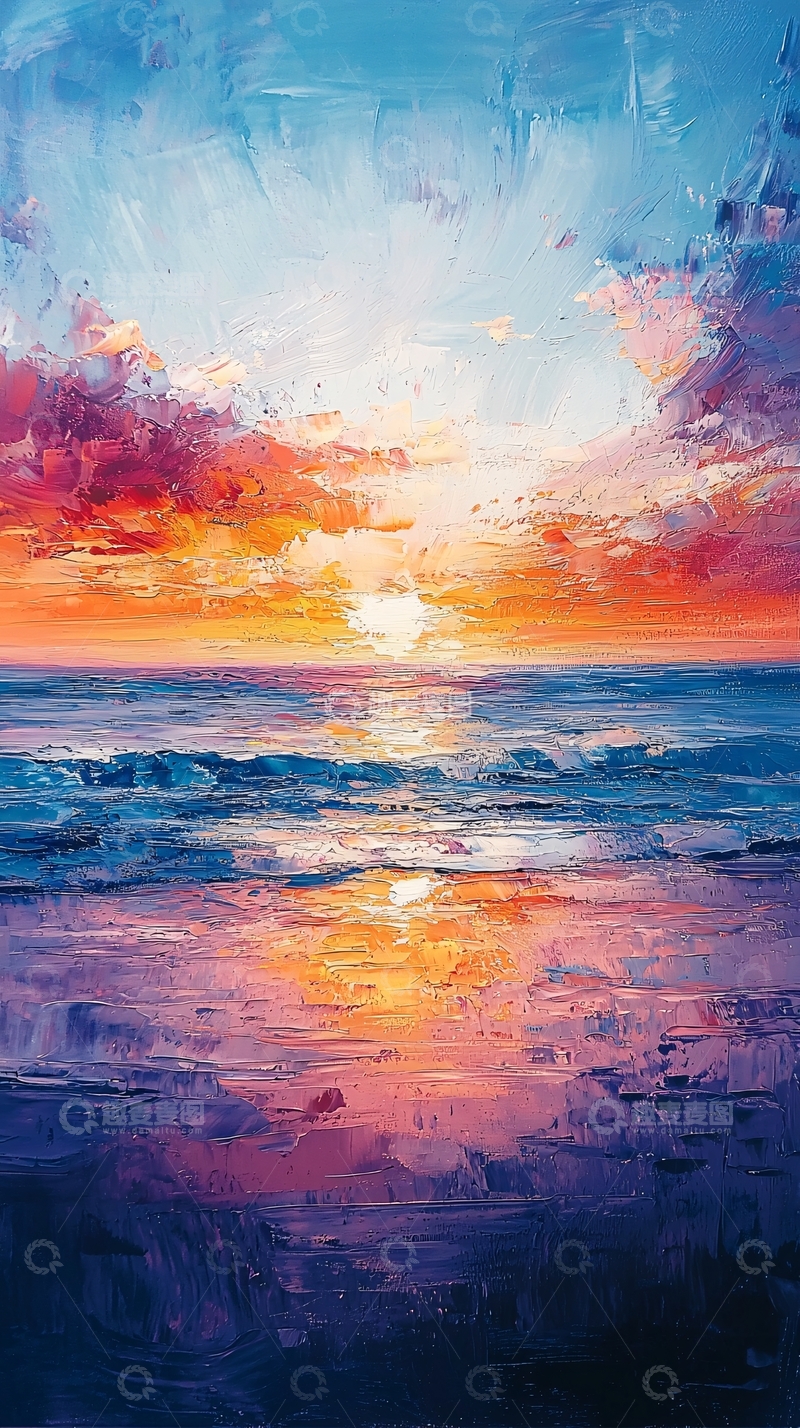 高清大图下载【趣麦麦图】油画风格的日落海景