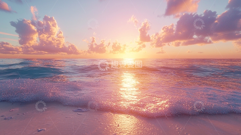 高清大图下载【趣麦麦图】粉色日落下的海滩美景