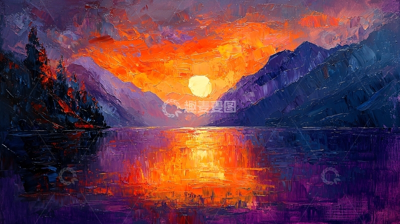 高清大图下载【趣麦麦图】湖面夕阳山峦的油画