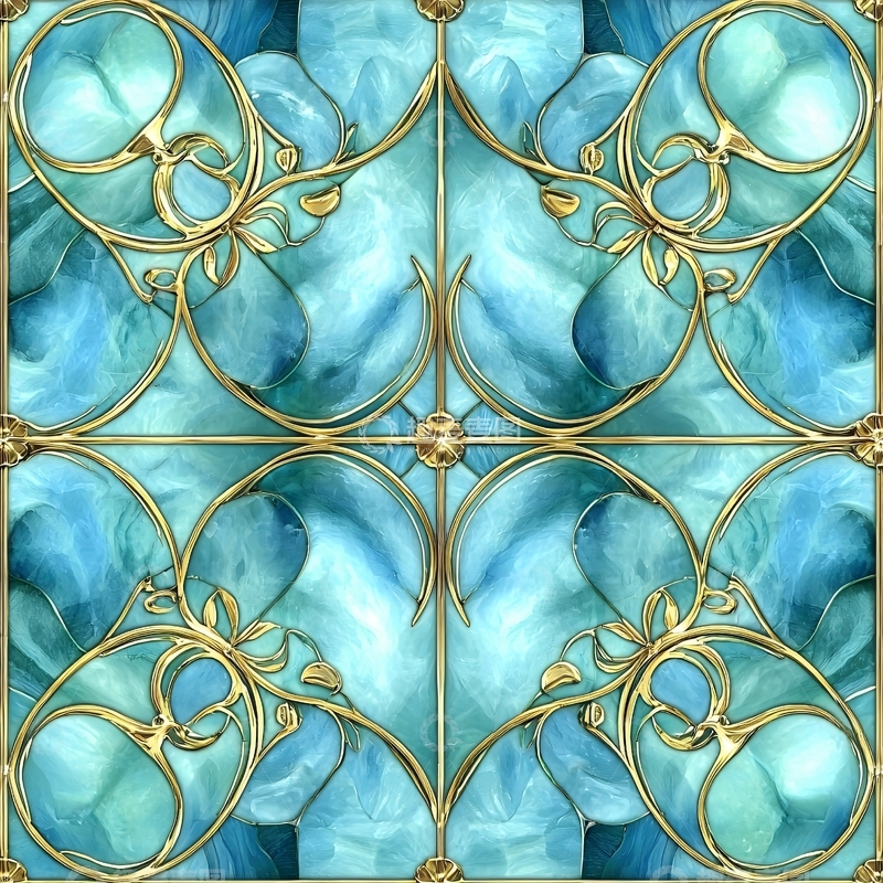 高清大图下载【趣麦麦图】水蓝色金色花纹装饰