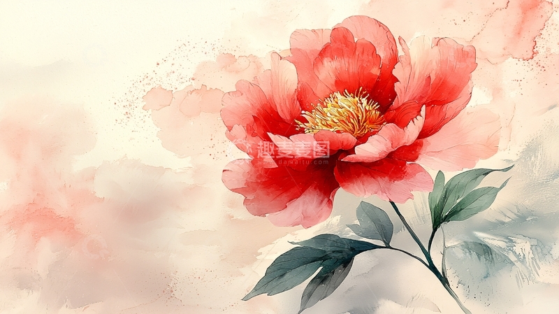 高清大图下载【趣麦麦图】红色牡丹水彩画