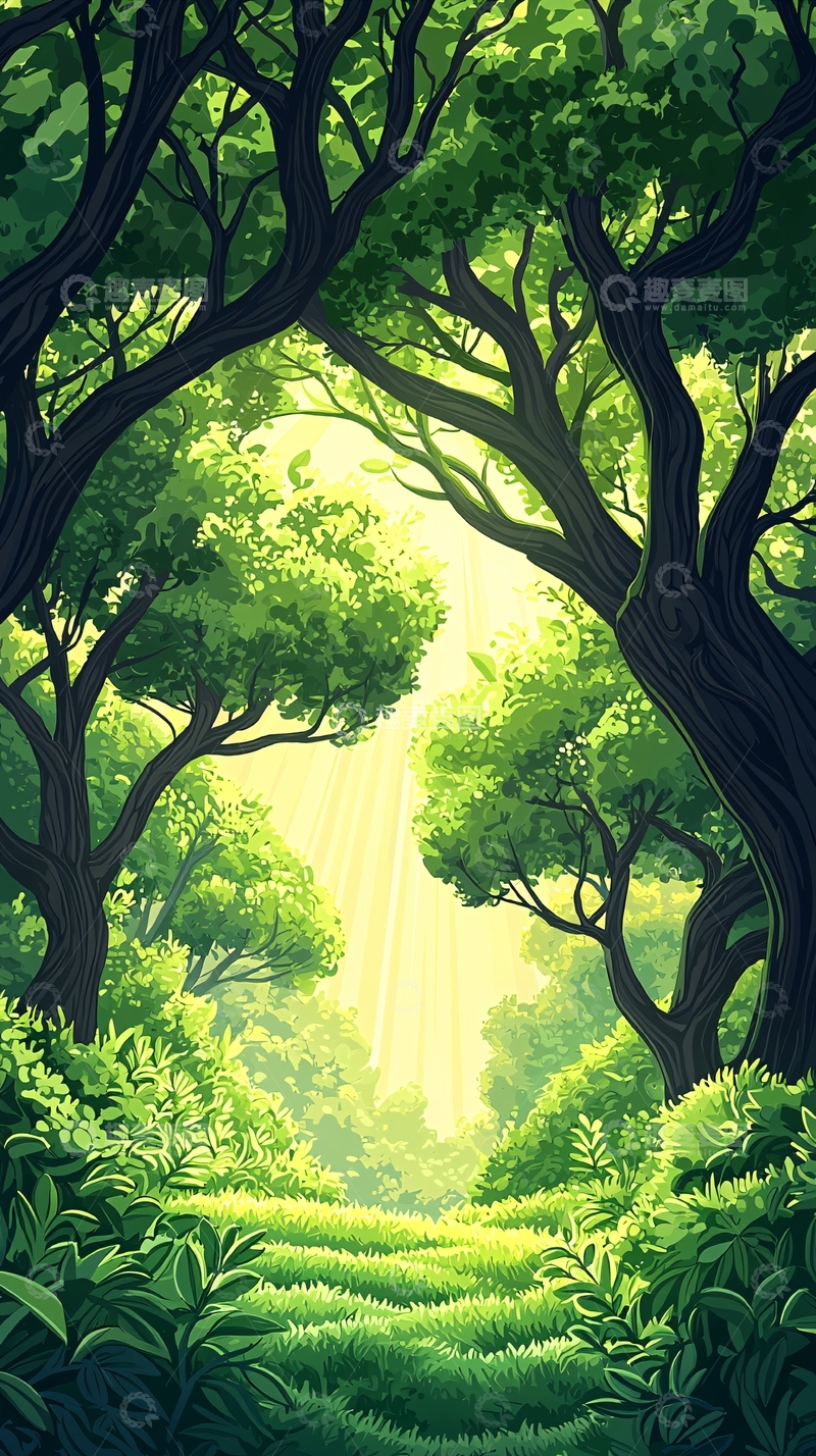 高清大图下载【趣麦麦图】绿色森林小路插画