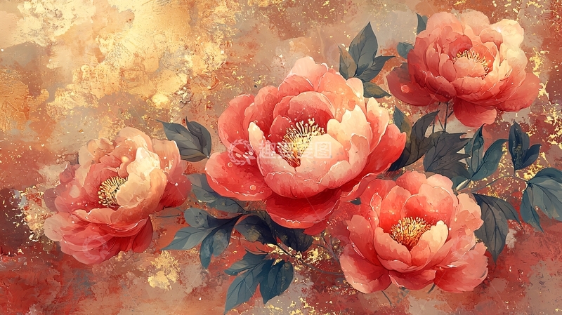 高清大图下载【趣麦麦图】红色牡丹花朵的水彩画