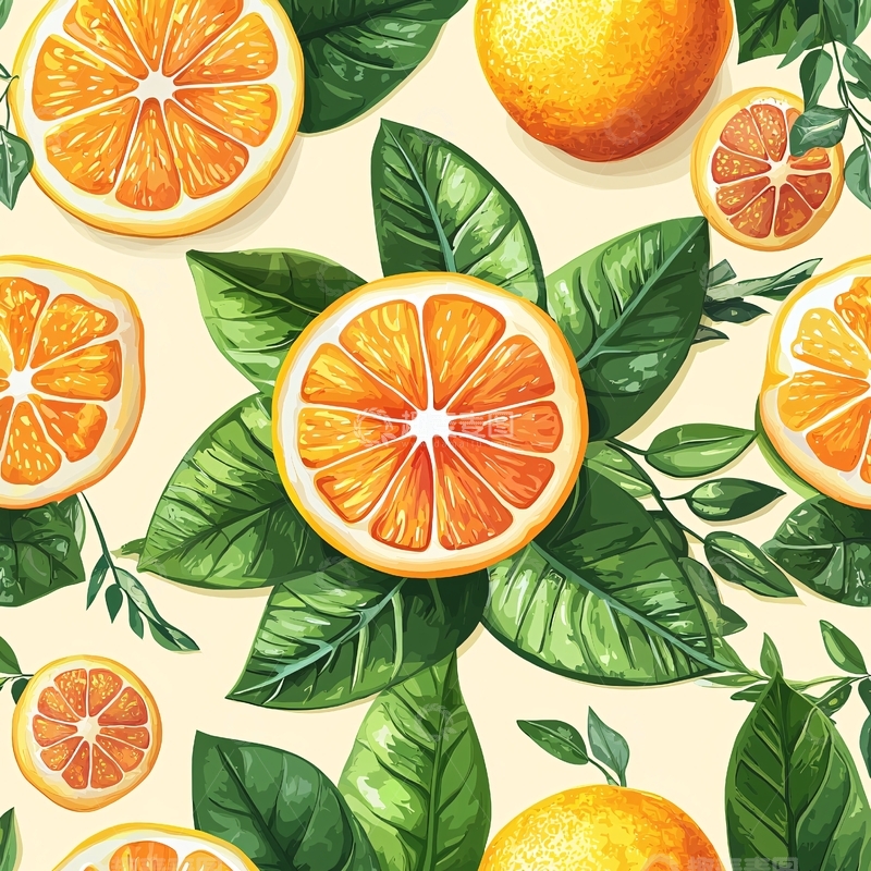 高清大图下载【趣麦麦图】橙子与绿叶平铺背景