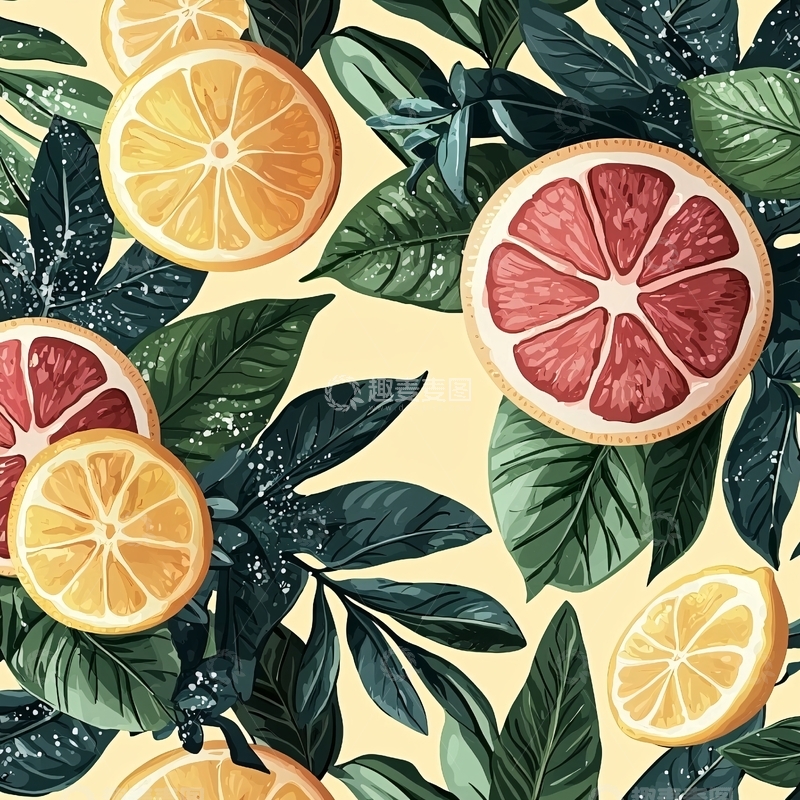 高清大图下载【趣麦麦图】柑橘类水果和热带叶子图案