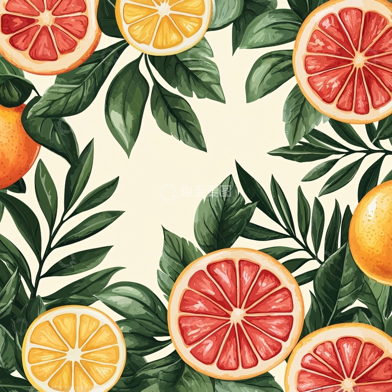 高清大图下载【趣麦麦图】柑橘类水果与绿色叶子