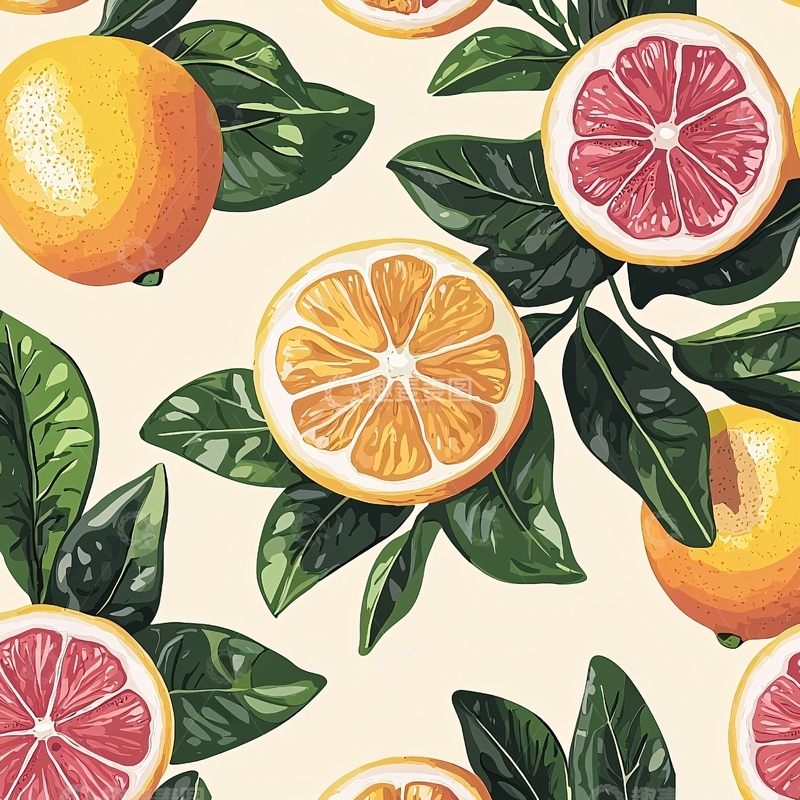 高清大图下载【趣麦麦图】柑橘切片和叶子的图案