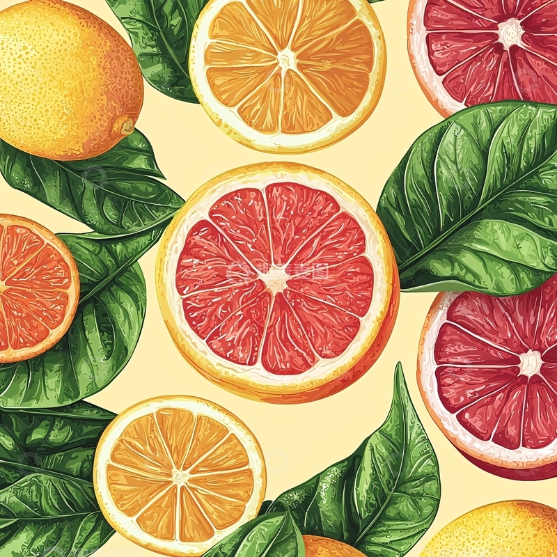 高清大图下载【趣麦麦图】柑橘类水果和绿色叶子图案