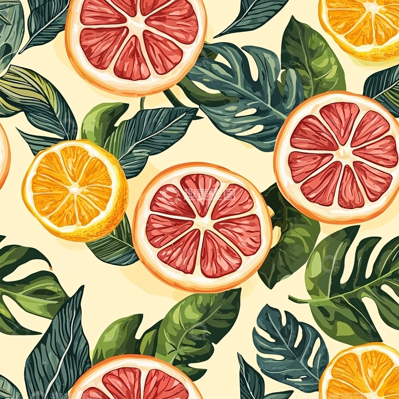 高清大图下载【趣麦麦图】热带水果与绿叶图案