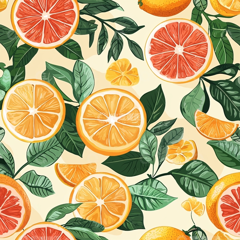 高清大图下载【趣麦麦图】橙子葡萄柚叶子重复图案