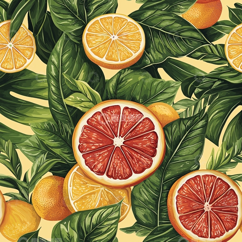 高清大图下载【趣麦麦图】柑橘类水果与绿叶图案