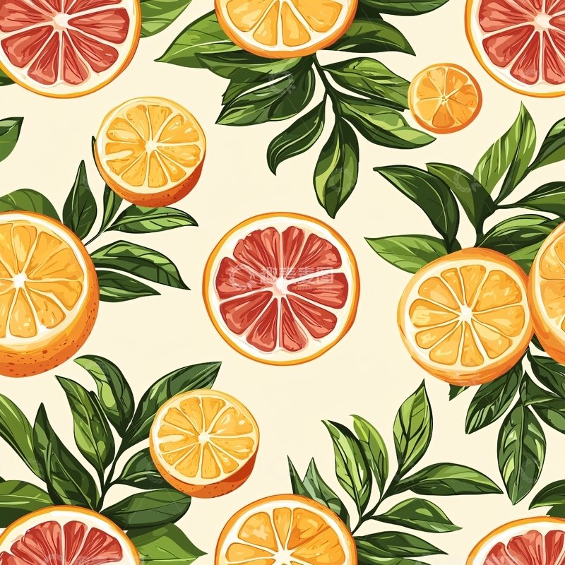 高清大图下载【趣麦麦图】水果切片与绿叶图案