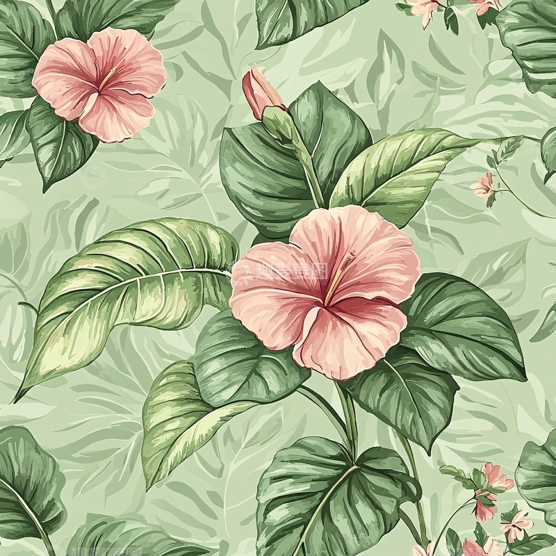 高清大图下载【趣麦麦图】粉色芙蓉花和绿色叶子图案