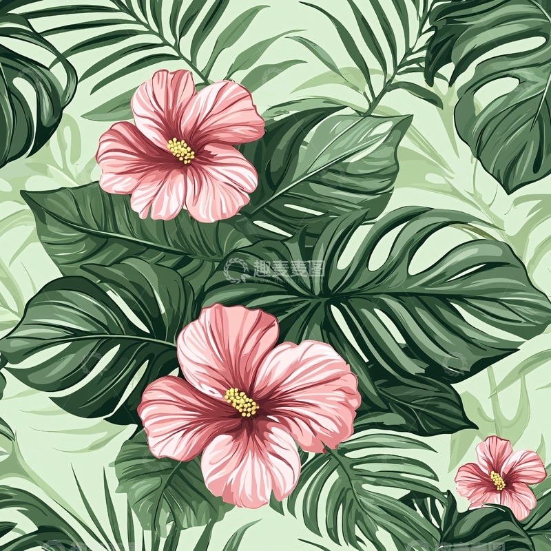 高清大图下载【趣麦麦图】热带花卉与绿叶图案