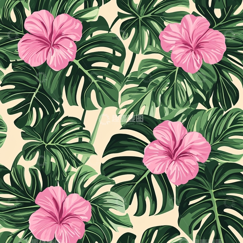 高清大图下载【趣麦麦图】粉色花朵绿叶热带植物图案