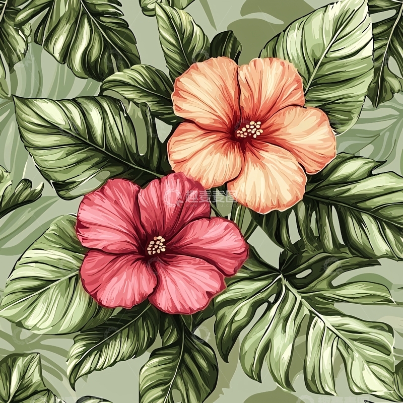 高清大图下载【趣麦麦图】热带花卉与绿叶图案