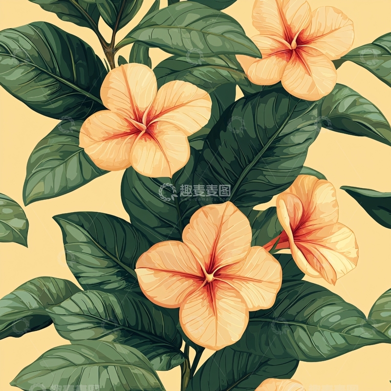 高清大图下载【趣麦麦图】米色花朵绿叶背景图案