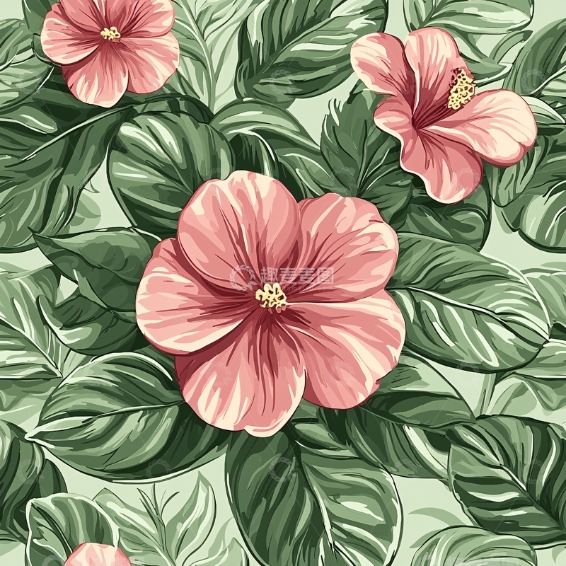 高清大图下载【趣麦麦图】粉色芙蓉花与绿色叶子背景