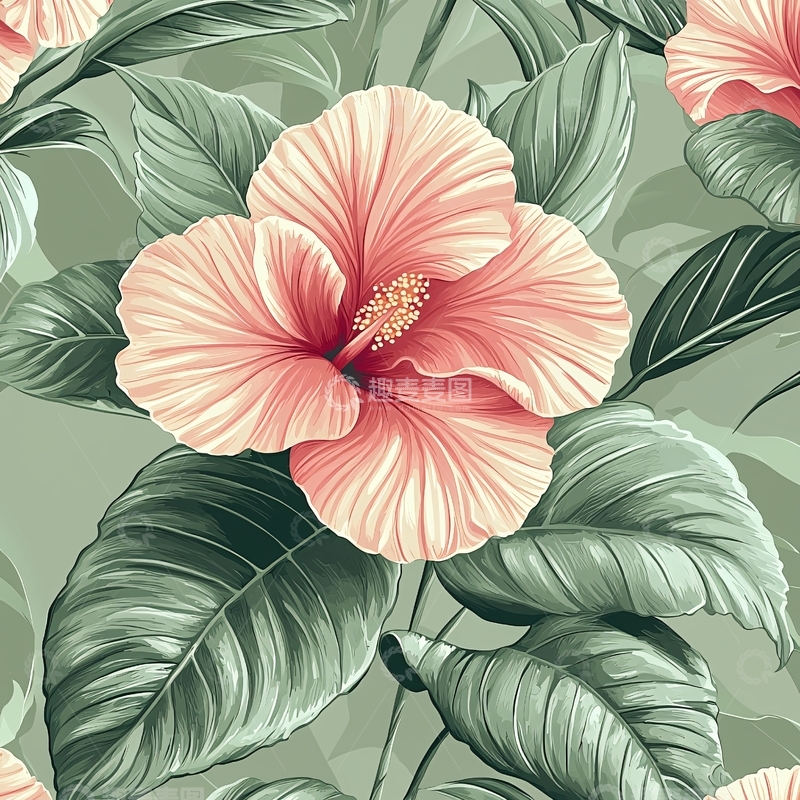 高清大图下载【趣麦麦图】粉色扶桑花与绿叶图案