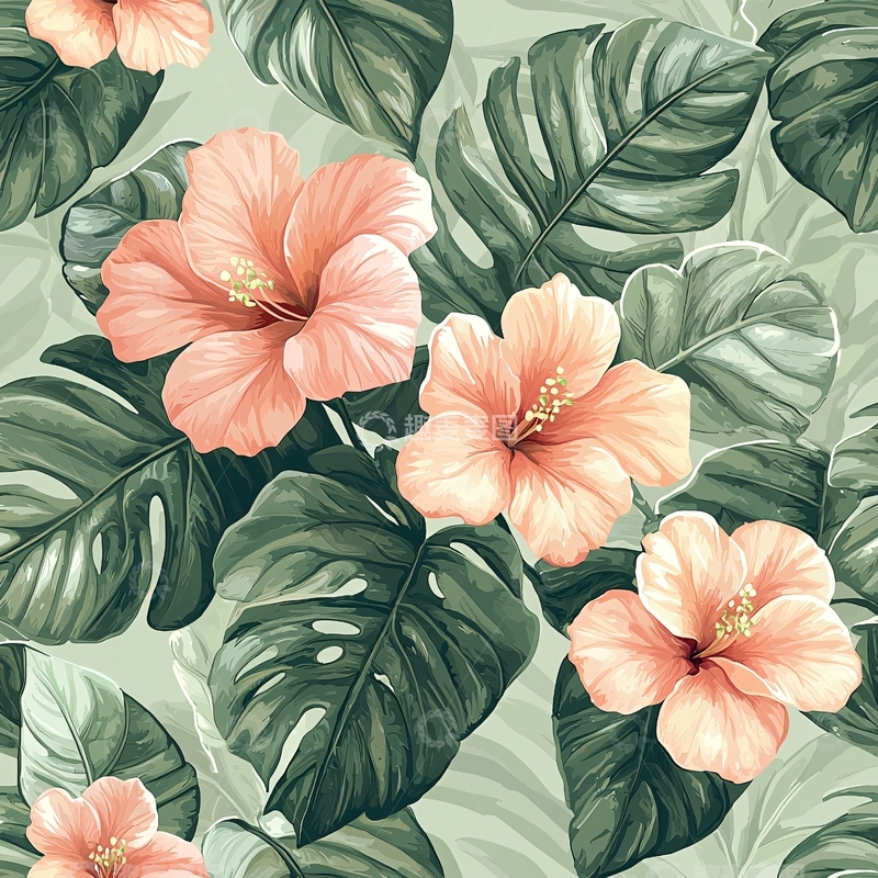 高清大图下载【趣麦麦图】芙蓉花与龟背竹图案