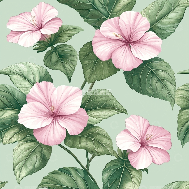 高清大图下载【趣麦麦图】粉色芙蓉花与绿叶图案