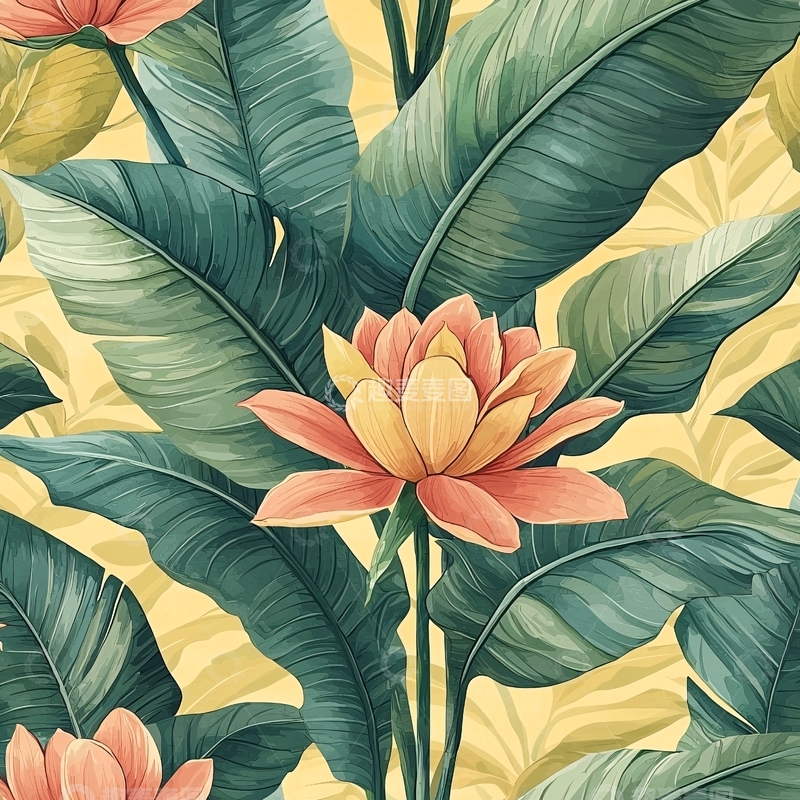 高清大图下载【趣麦麦图】热带植物与莲花的图案