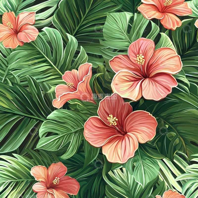 高清大图下载【趣麦麦图】热带花卉和绿叶图案