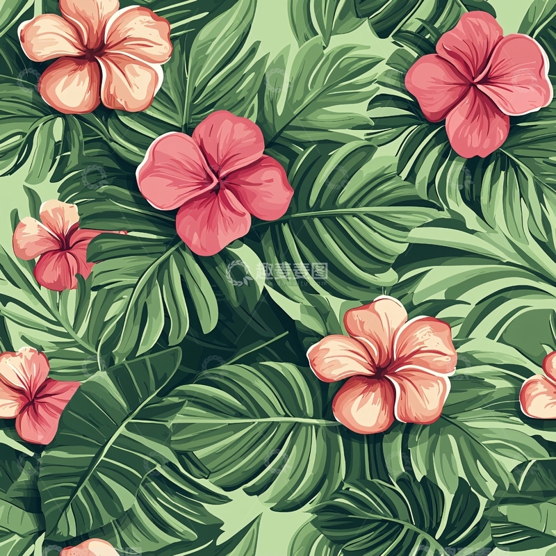 高清大图下载【趣麦麦图】粉色花朵和绿色叶子图案