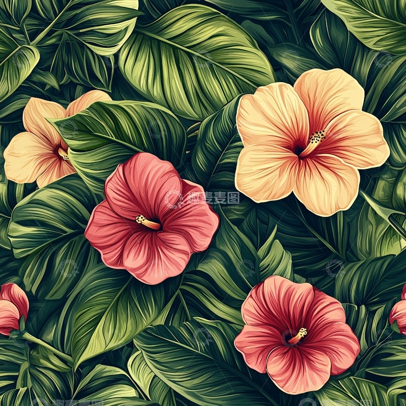 高清大图下载【趣麦麦图】热带花卉与绿叶图案