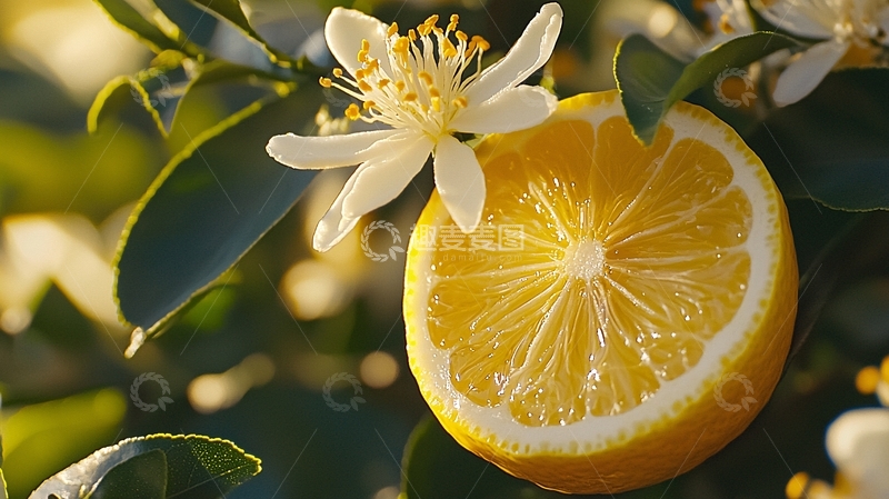 高清大图下载【趣麦麦图】柠檬特写与白色花朵在绿叶间