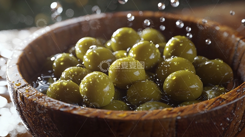 高清大图下载【趣麦麦图】橄榄在木碗里被水淋湿