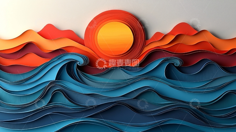 高清大图下载【趣麦麦图】纸艺日落海浪风景