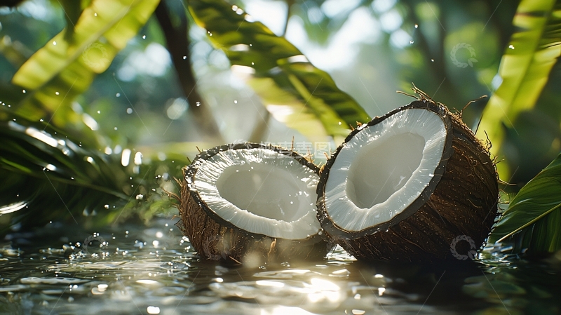 高清大图下载【趣麦麦图】椰子在热带植物旁的水中