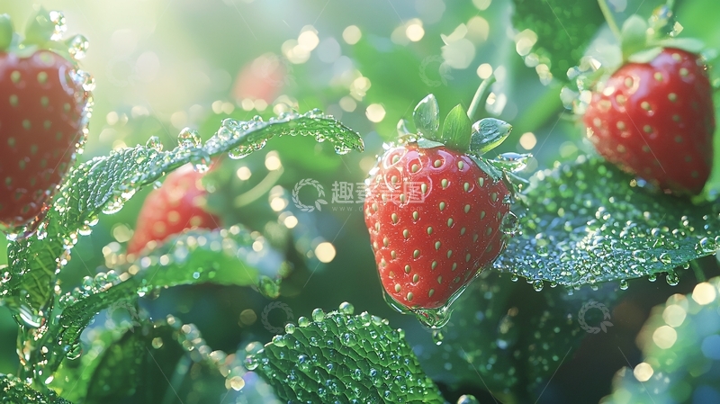 高清大图下载【趣麦麦图】新鲜草莓上的露珠
