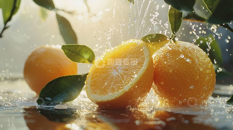 高清大图下载【趣麦麦图】橙子在阳光下被水珠淋湿