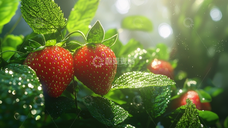 高清大图下载【趣麦麦图】新鲜草莓与绿叶
