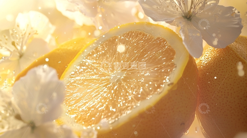 高清大图下载【趣麦麦图】-柑橘切片与白色花朵