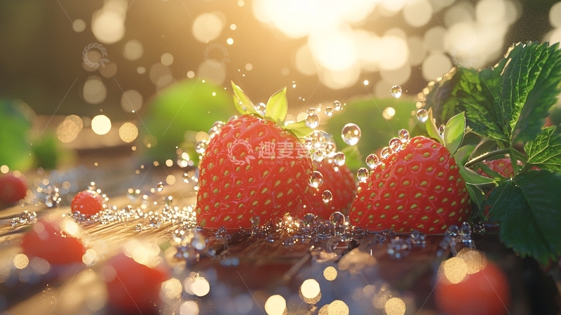 高清大图下载【趣麦麦图】阳光下水珠飞溅的草莓