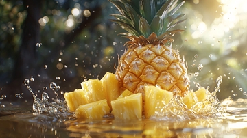 菠萝和菠萝块在水中飞溅