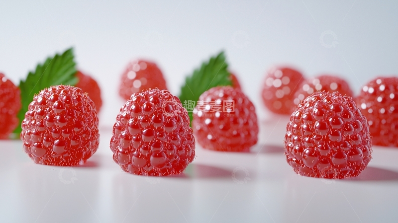 高清大图下载【趣麦麦图】红色覆盆子和绿叶特写