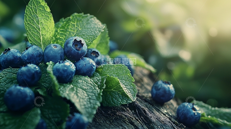 高清大图下载【趣麦麦图】新鲜蓝莓和绿叶特写