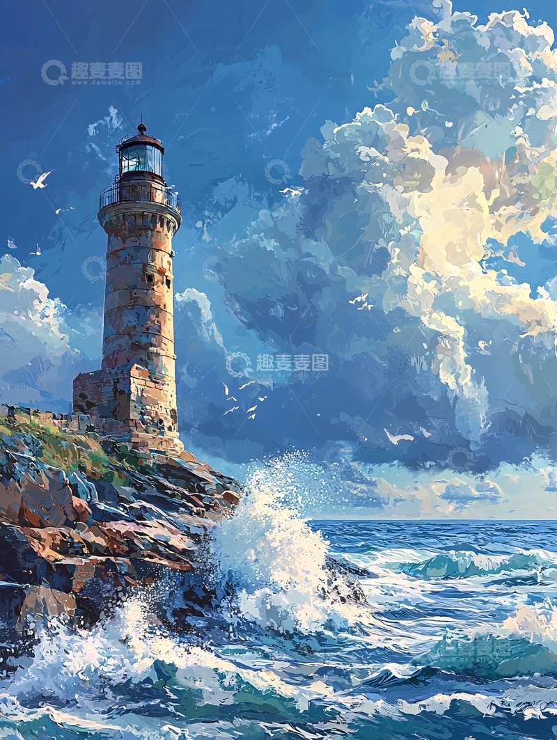 高清大图下载【趣麦麦图】海边灯塔波涛汹涌的油画