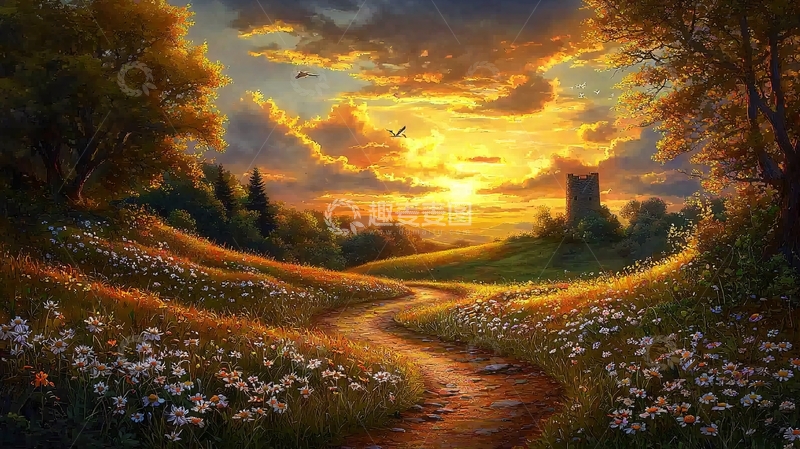 高清大图下载【趣麦麦图】金色田野夕阳风景