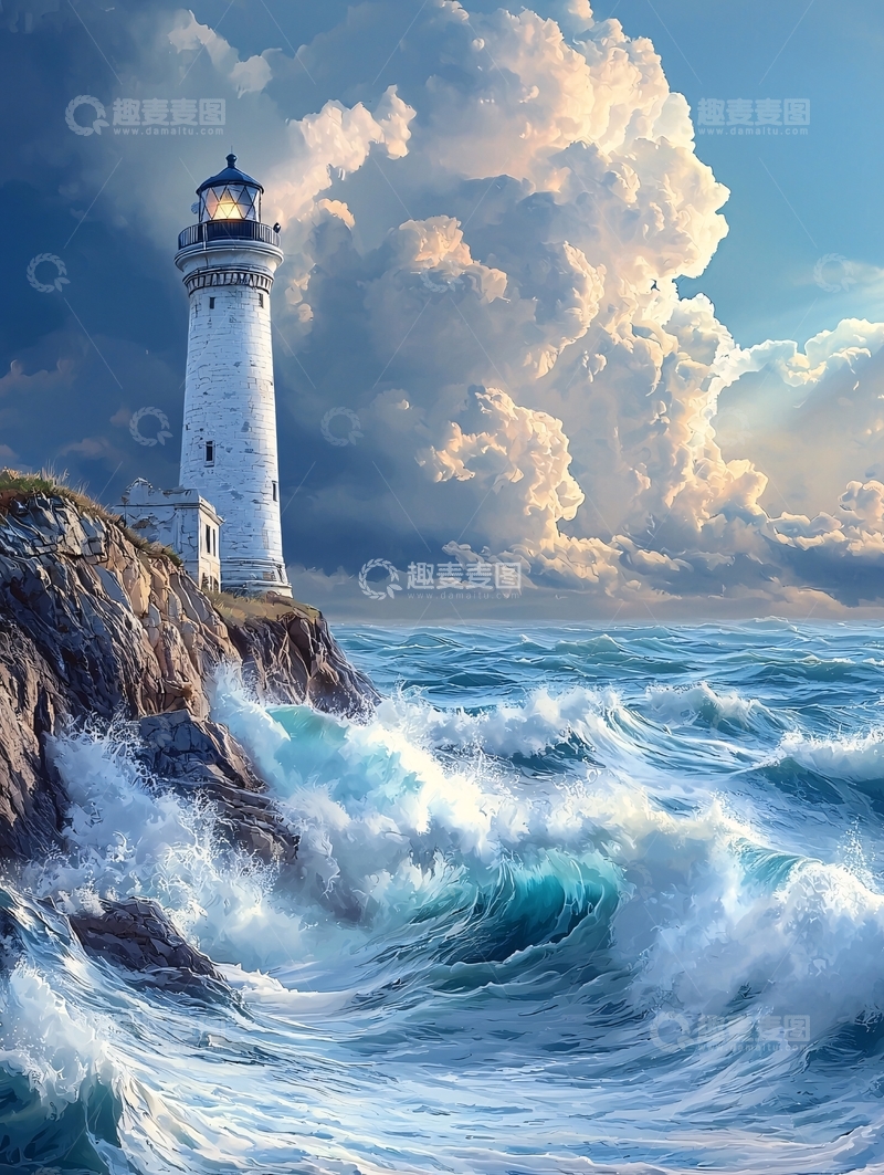 高清大图下载【趣麦麦图】海边灯塔波涛汹涌