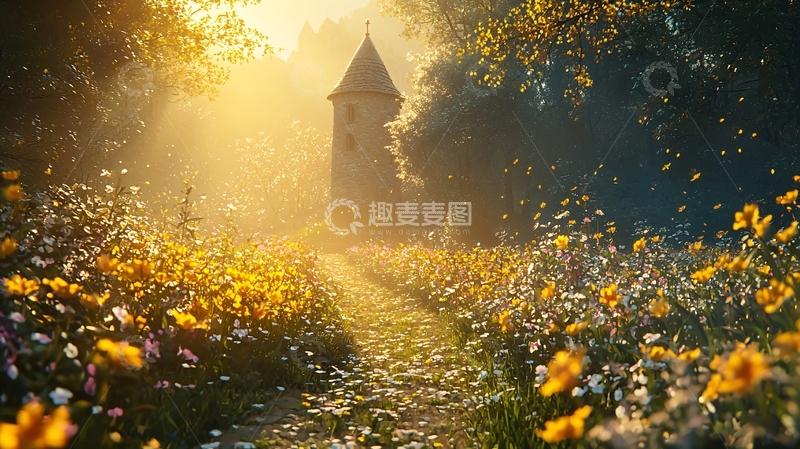 高清大图下载【趣麦麦图】阳光洒落在花田小路上的塔