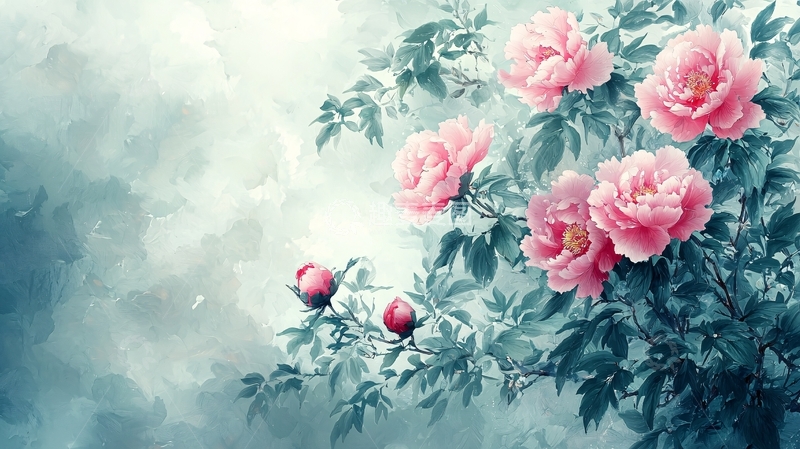 高清大图下载【趣麦麦图】粉色牡丹花水墨意境