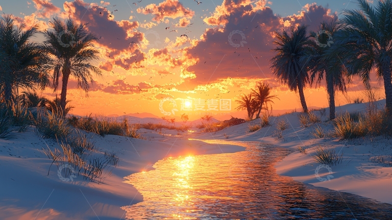 高清大图下载【趣麦麦图】金色海滩日落椰子树